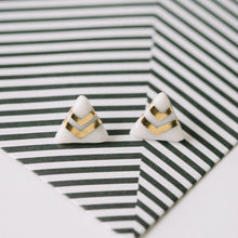 triangle white porcelain studs with gold or white-gold accent, gold filigree jewelry, white and gold, Austin jewelry, porcelain wearable art, social impact jewelry, ethical accessory