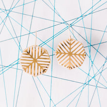 geometric gold inlay earrings, white and gold hanging earrings, gold filigree jewelry, Austin jewelry, porcelain wearable art, social impact jewelry, ethical accessory